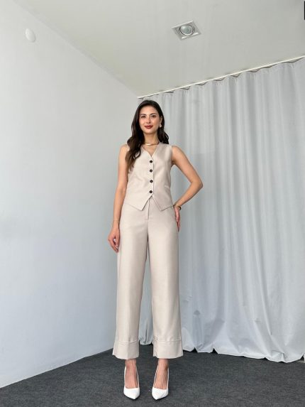 Taş Rengi Double Paça Pantolon-Yelek takım