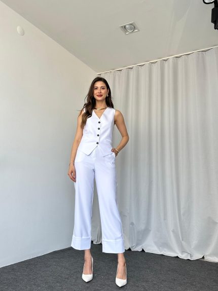 Beyaz Double Paça Pantolon-Yelek takım