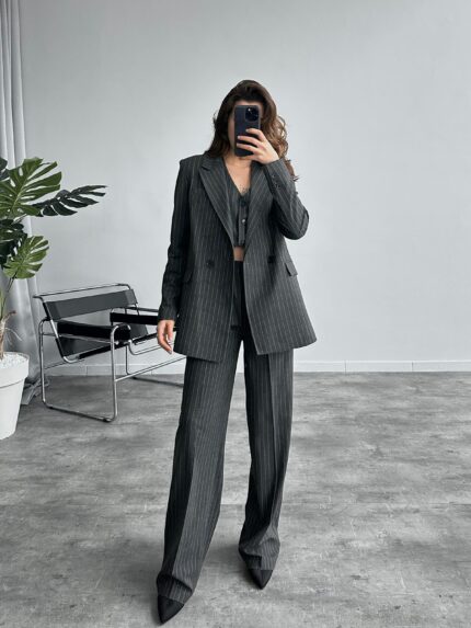 Antrasit FLAY 3 lü Yelekli Çizgili Blazer Takımı