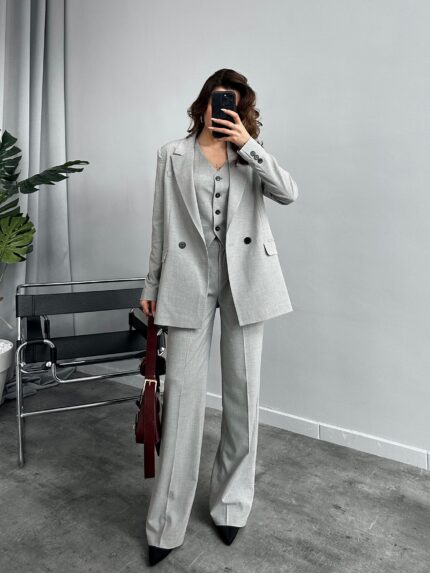 Gri Flay 3 lü Yelekli Çizgili Blazer Takım