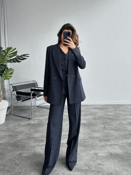 Lacivert Flay 3 lü Yelekli Blazer Takım